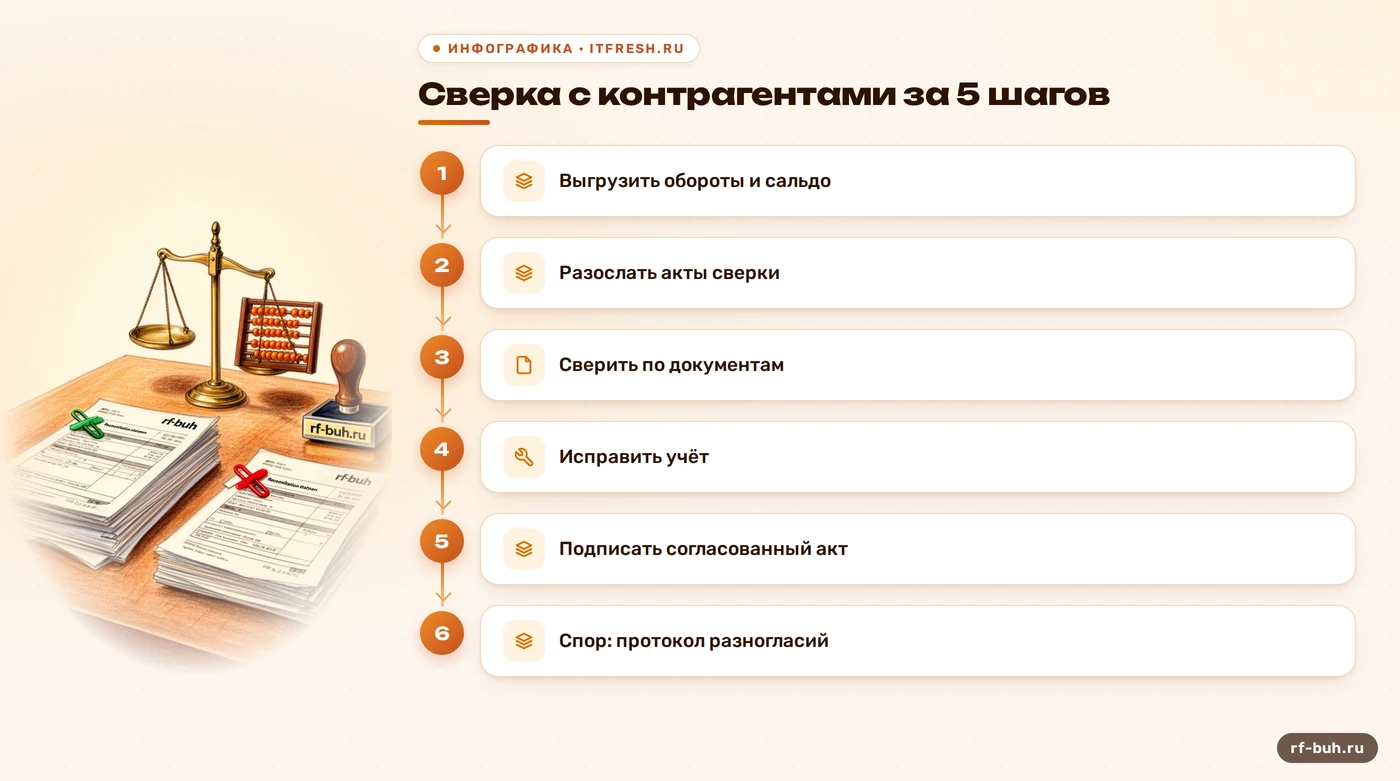 Схема из пяти шагов сверки с контрагентами и ветка спора