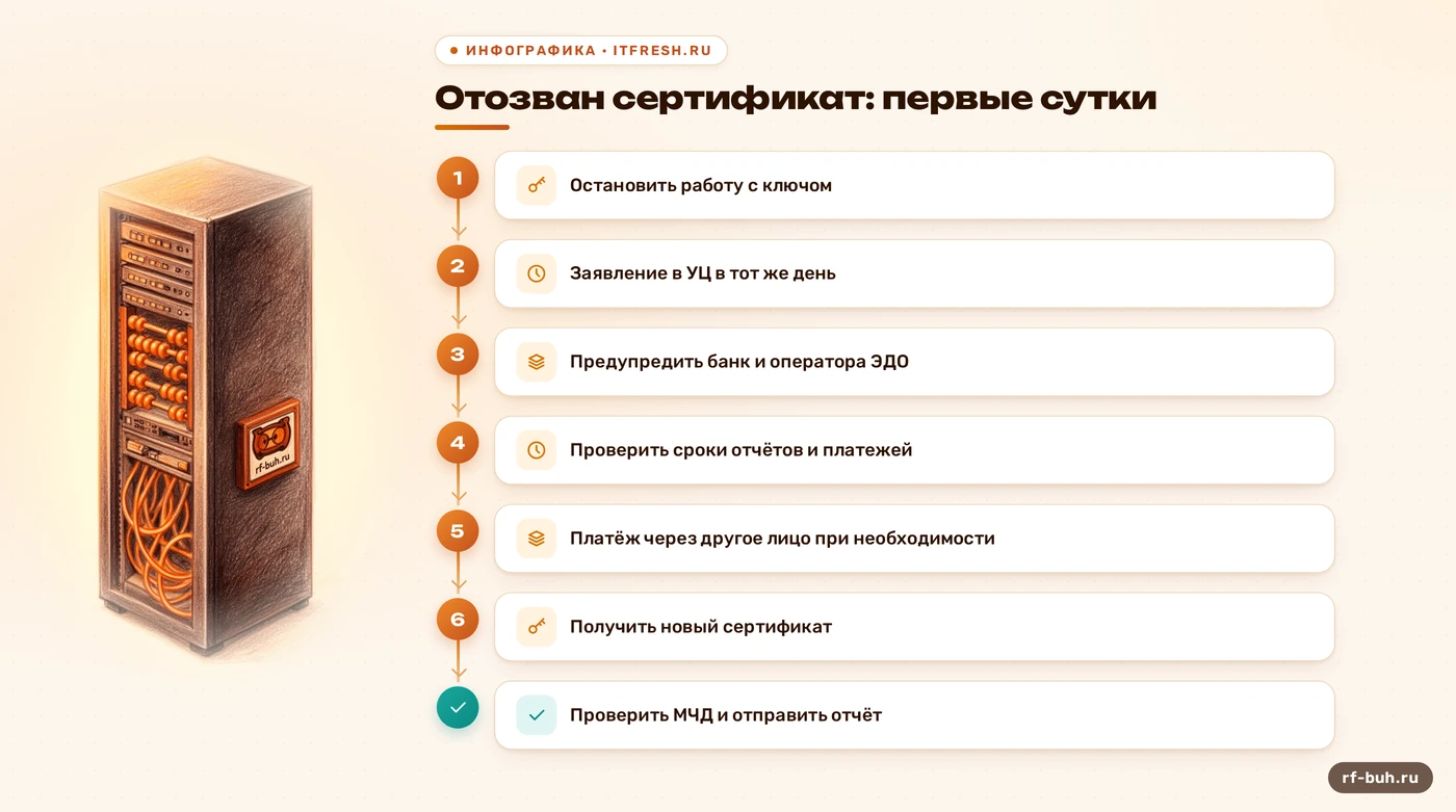 Схема первых суток после отзыва сертификата ЭЦП: от остановки ключа до отправки отчёта