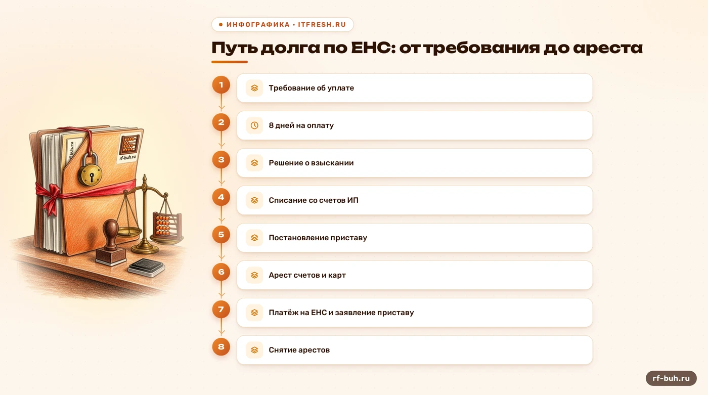 Схема: путь долга по ЕНС от требования до ареста и выход из ситуации