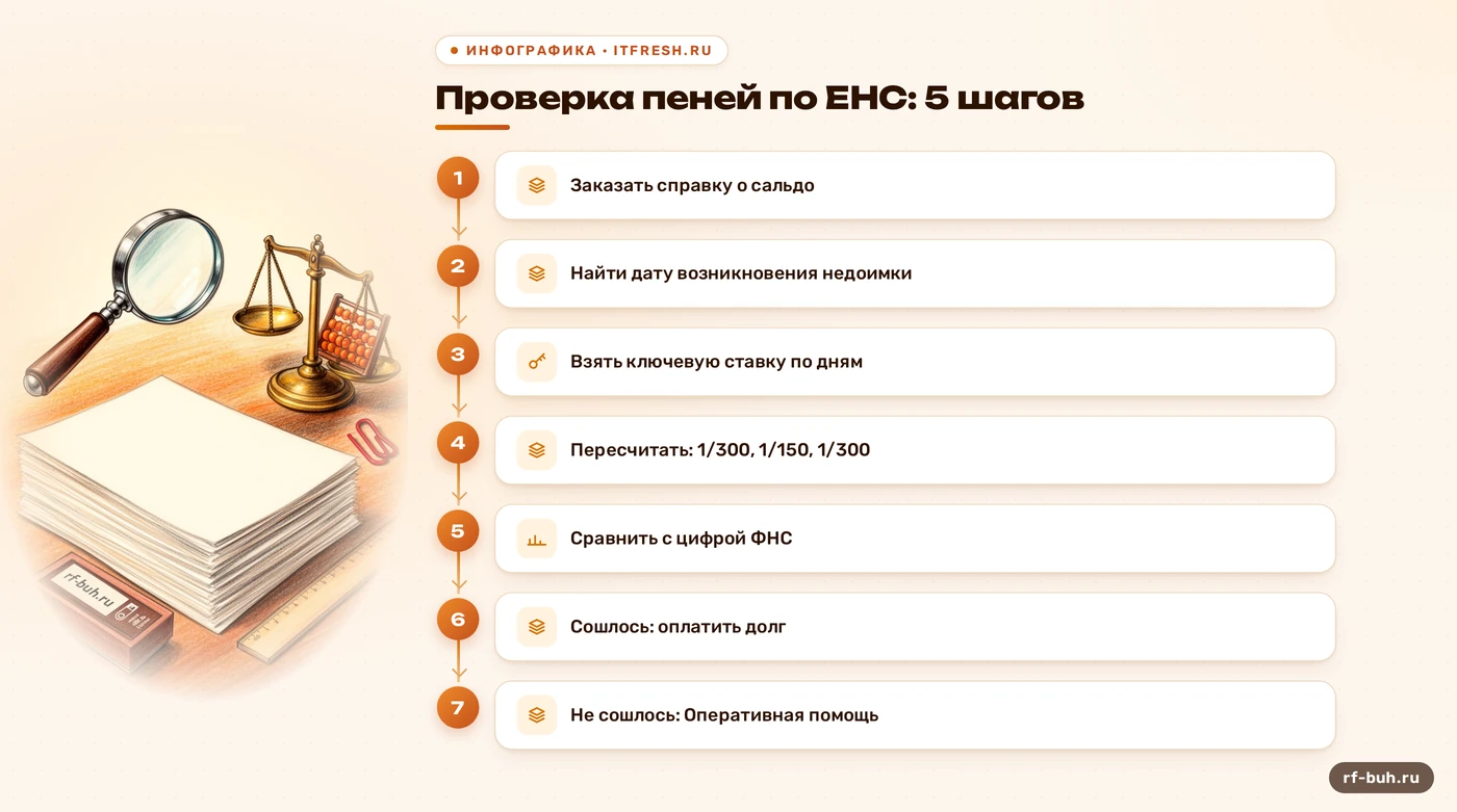 Схема проверки пеней по ЕНС: справка, дата недоимки, ставка, пересчёт, сравнение
