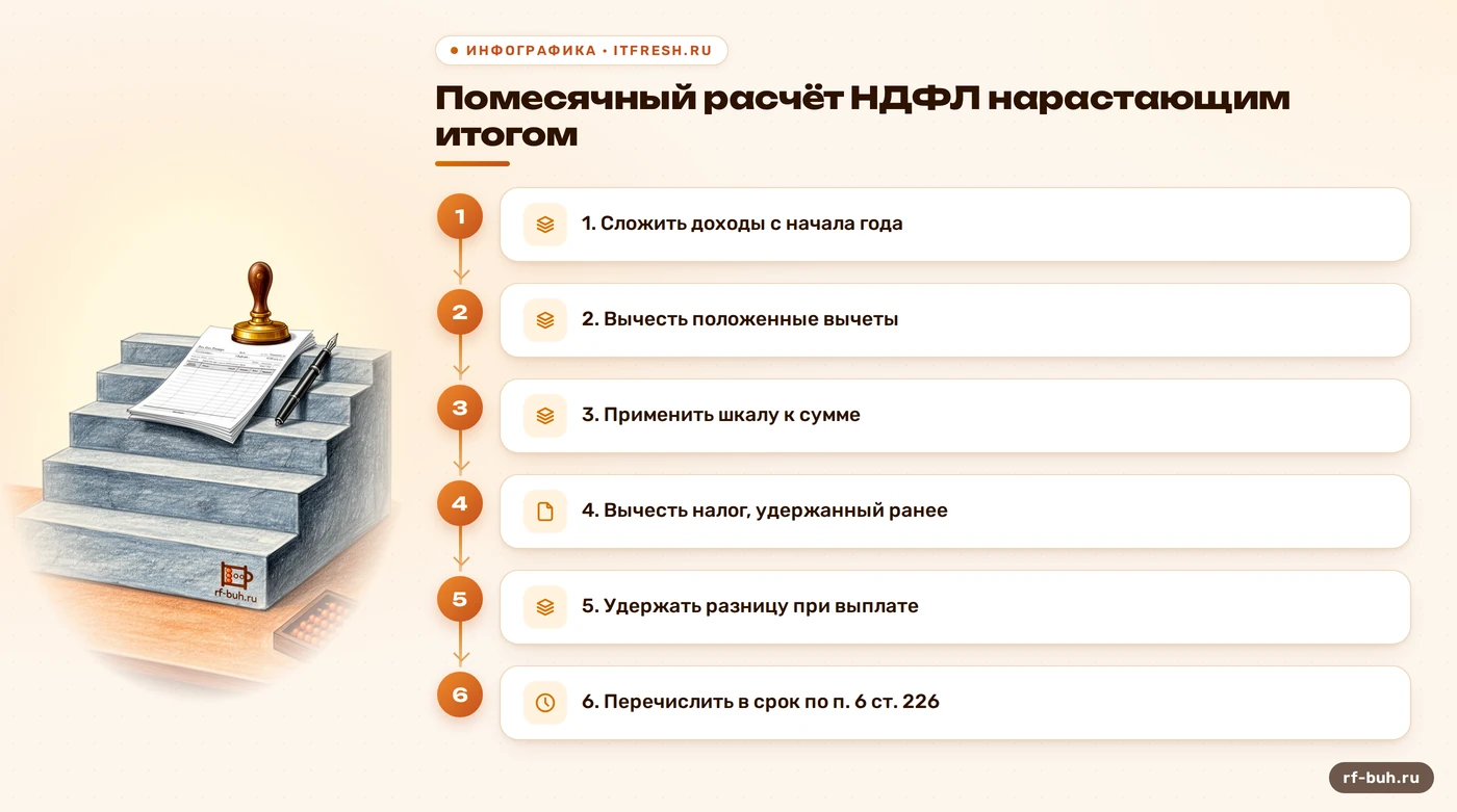 Схема помесячного расчёта НДФЛ нарастающим итогом в шесть шагов