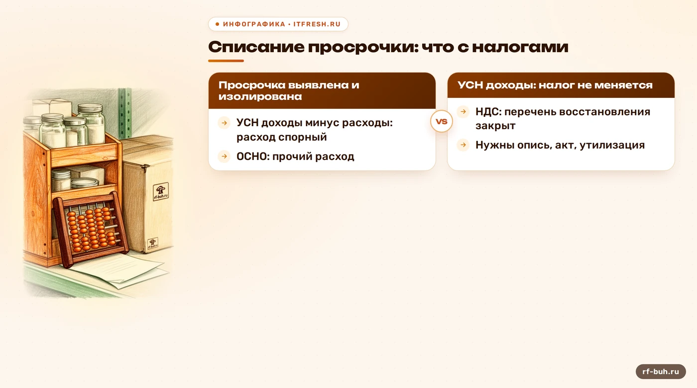 Схема налоговых последствий списания просроченных продуктов по режимам