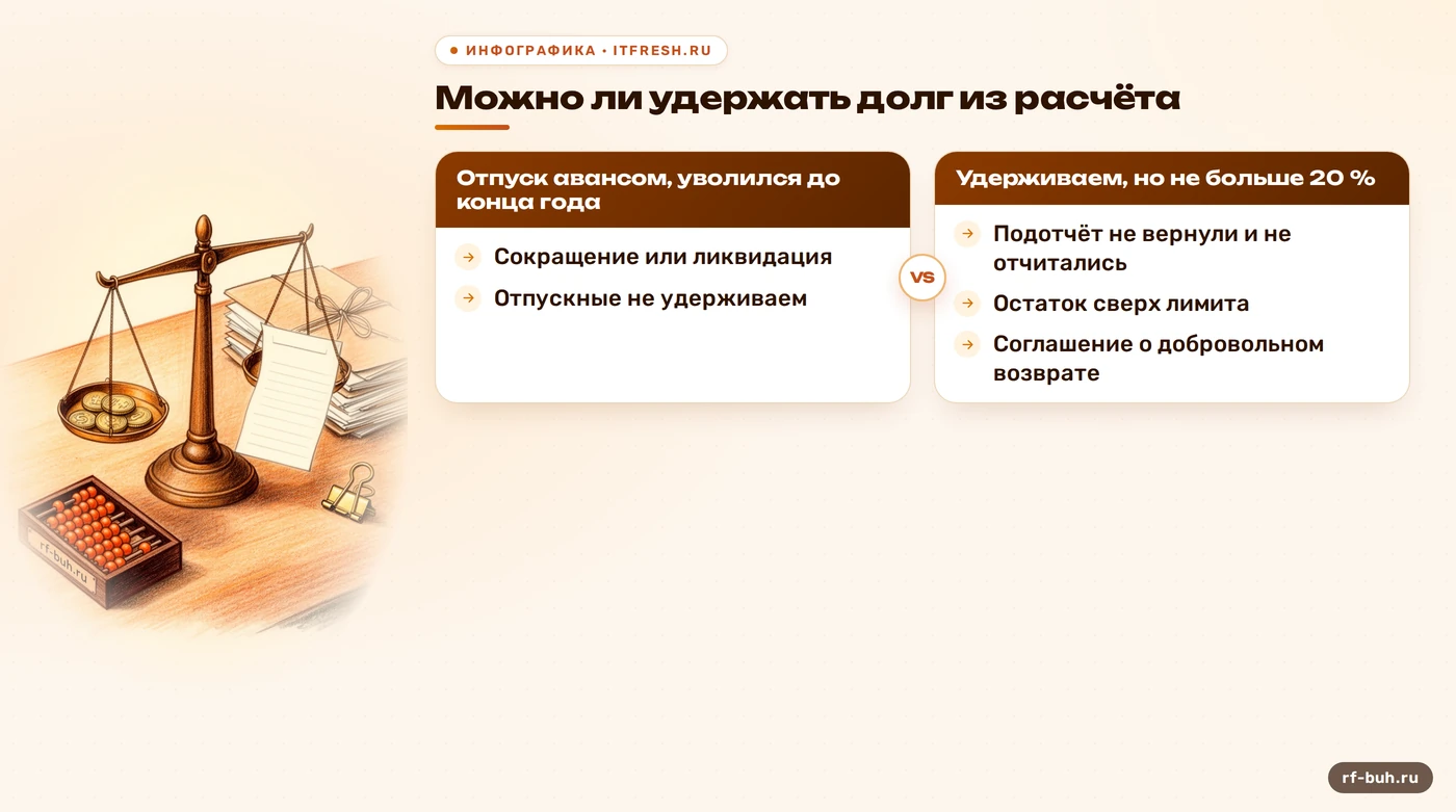 Схема: когда можно удержать долг из расчёта при увольнении, лимит 20 %